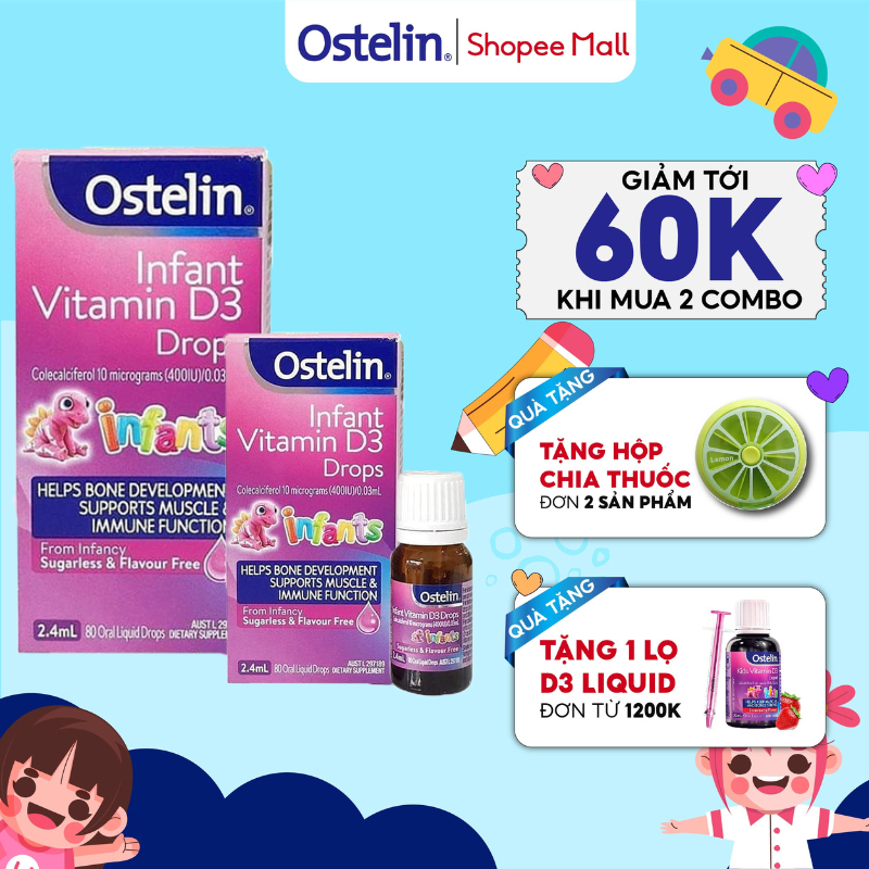 Combo 2 lọ Vitamin D3 400 IU cho trẻ sơ sinh Ostelin Infant Kids Drops 2.4ml phòng ngừa tình trạng còi xương của bé