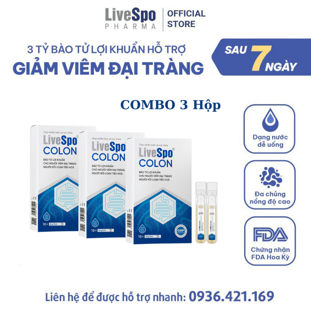 Combo 3 Men vi sinh LiveSpo COLON, bào tử lợi khuẩn cho người viêm đại tràng, táo bón tiêu chảy (Hộp 10 ống x 5ml)