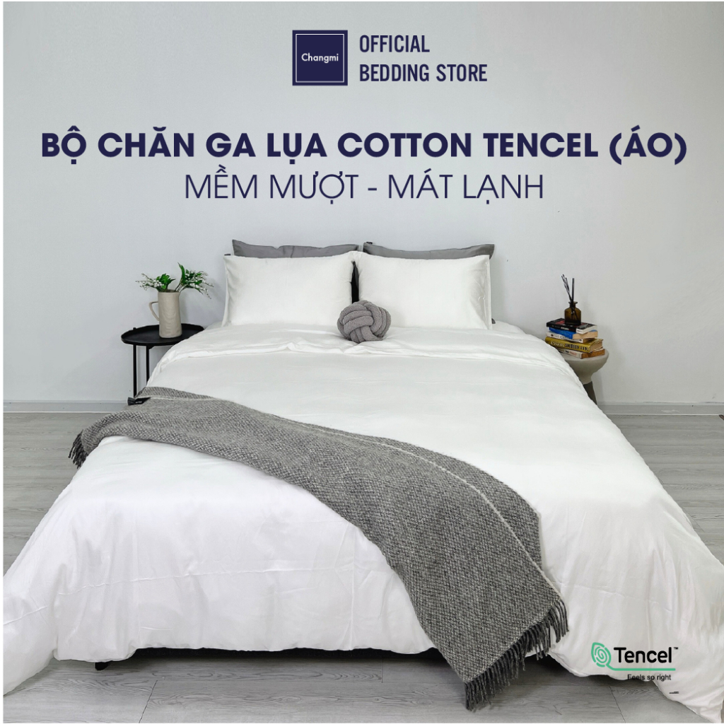 Bộ chăn ga lụa Cotton Tencel  Trắng trơn Changmi Bedding 60S siêu mềm mượt và mát lạnh - 5 Món