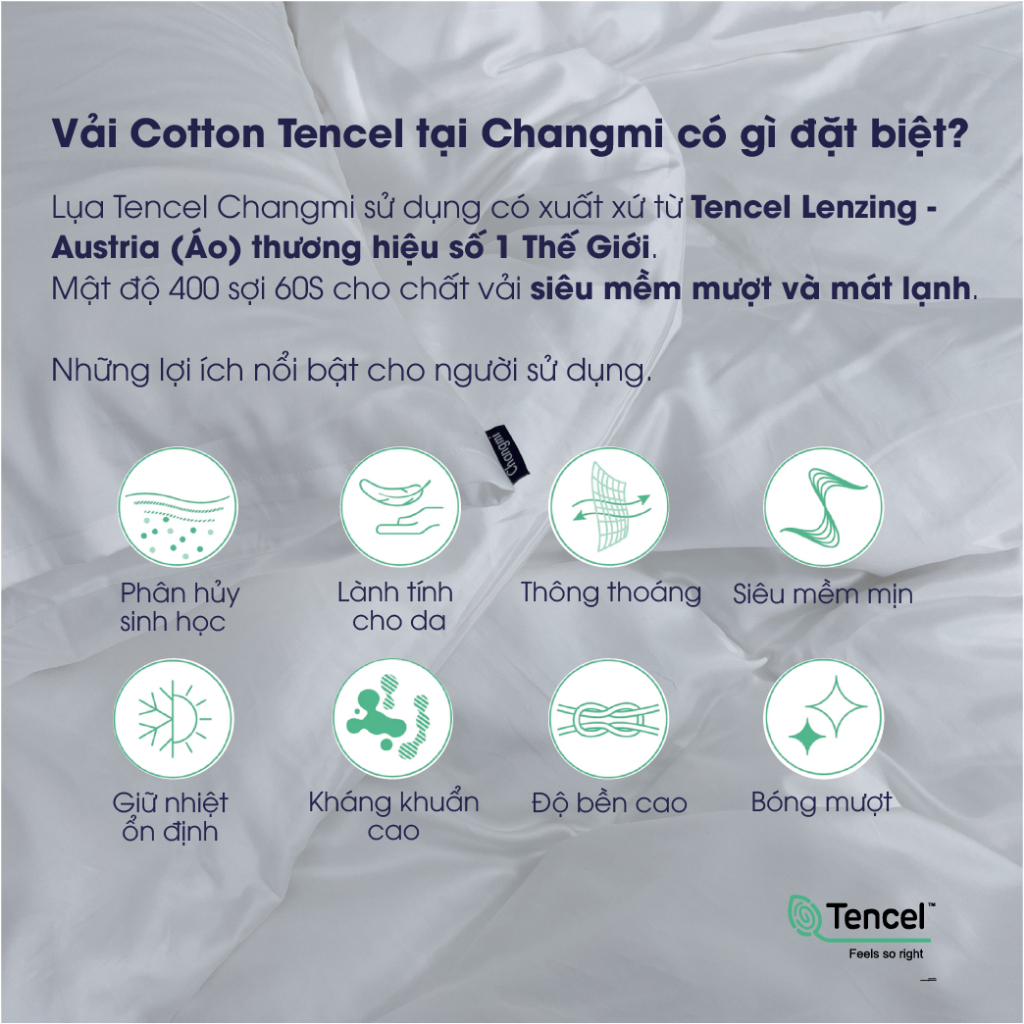 Bộ chăn ga lụa Cotton Tencel (Áo) Trắng trơn Changmi Bedding 60S siêu mềm mượt và mát lạnh - 5 Món