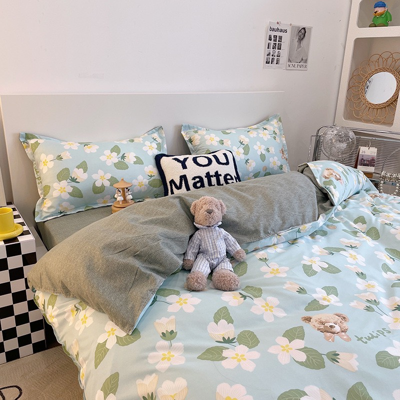 Bộ chăn ga gối  cao cấp ETAMI cotton poly Gấu Hoa xanh biển miễn phí bo chun drap giường , ga trải giường