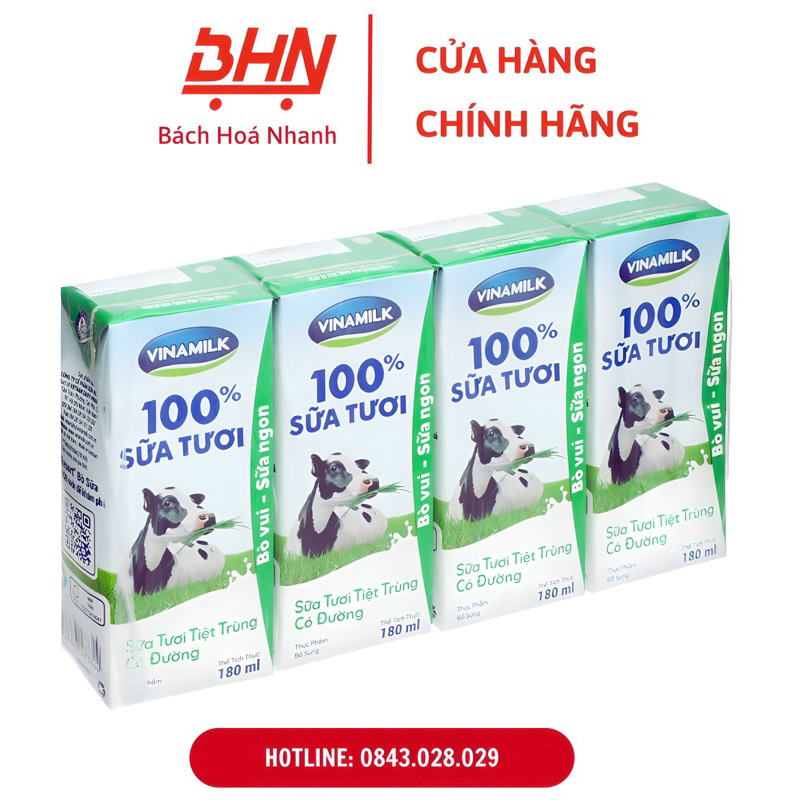 Sữa tươi tiệt trùng Vinamilk 100% (Có đường) - Lốc 4 Hộp x 180ml