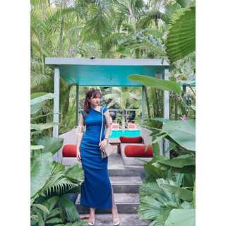 MEET - Đầm Thun Xanh Gân Xẻ à Nhún