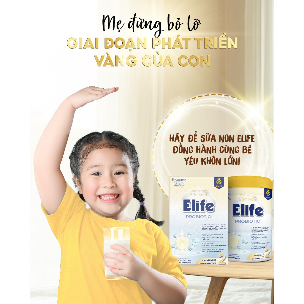 Sữa non ELIFE 2 PROBIOTIC hộp 12 gói cho trẻ và bé ăn ngon ngủ ngon, hết táo bón tiêu hóa khỏe, tăng đề kháng, chiều cao