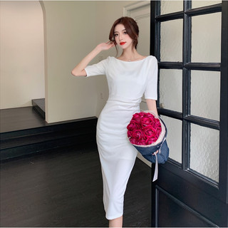 Đầm váy nữ body cổ thuyền xếp ly trước, đầm body dự tiệc sang chảnh, khí chất, tay lửng xẻ bên bên hông kiểu sườn xám