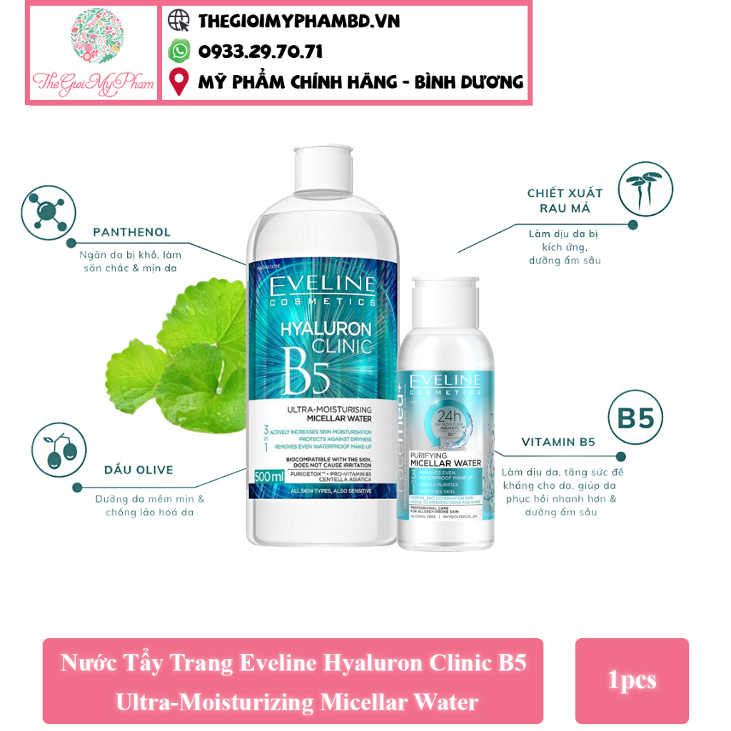 Nước Tẩy Trang Eveline Hyaluron Clinic B5 Ultra-Moisturizing Micellar Water 100ml-500ml