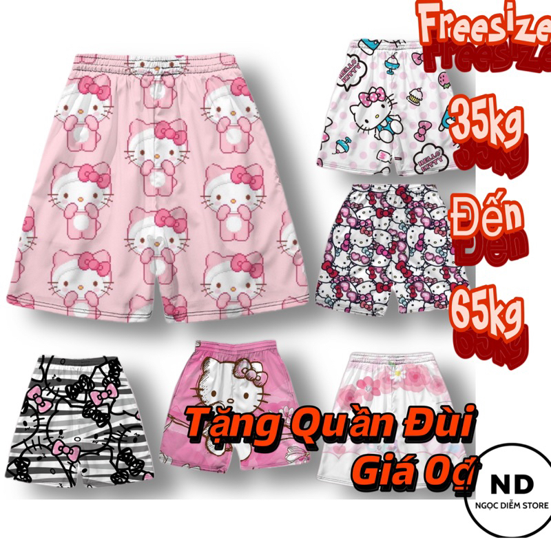 Quần Short Nam nữ in hình Hello Kitty Quần lửng Hoạt hình nam nữ quần đi biển kỉ yếu quần nhóm lớp