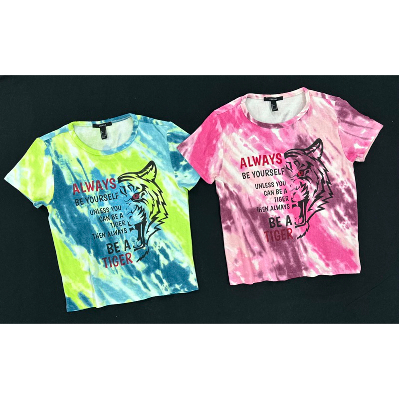 Áo baby tee cổ tròn thun len dệt kim wash loang màu in con cọp, 2 màu