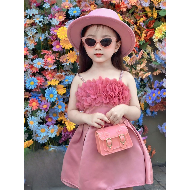 Váy đầm tacta 2 dây đi tiệc đính hoa ngực sang chảnh cho bé gái 10-30kg