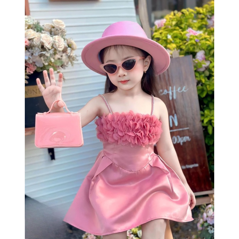 Váy đầm tacta 2 dây đi tiệc đính hoa ngực sang chảnh cho bé gái 10-30kg