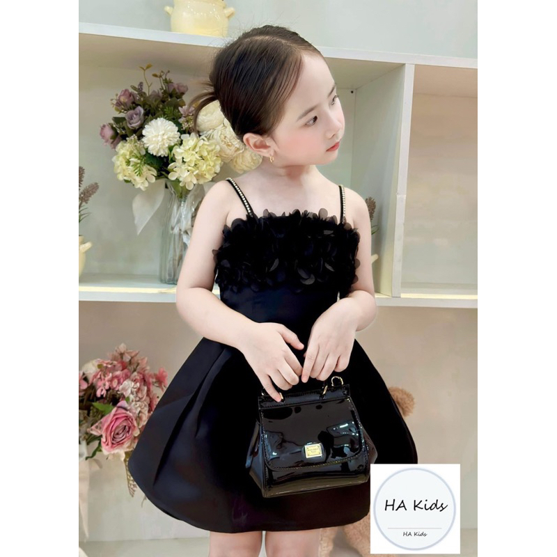 Váy đầm tacta 2 dây đi tiệc đính hoa ngực sang chảnh cho bé gái 10-30kg