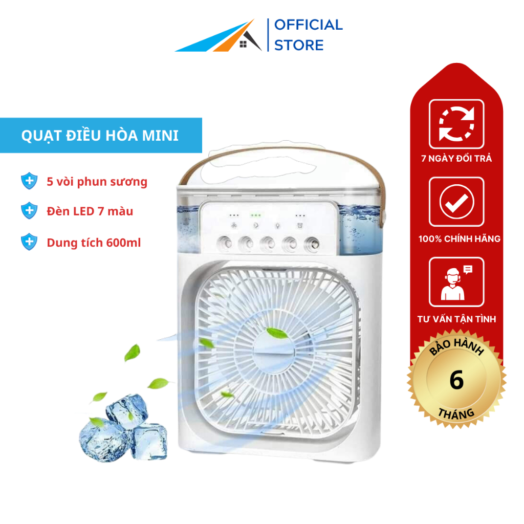 Quạt Điều Hòa Hơi Nước Mini, Quạt Phun Sương Để Bàn Kèm Đèn Led 7 Màu Có Ngăn Chứa Đá 600Ml Mát Lạnh Không Gây Khô Da