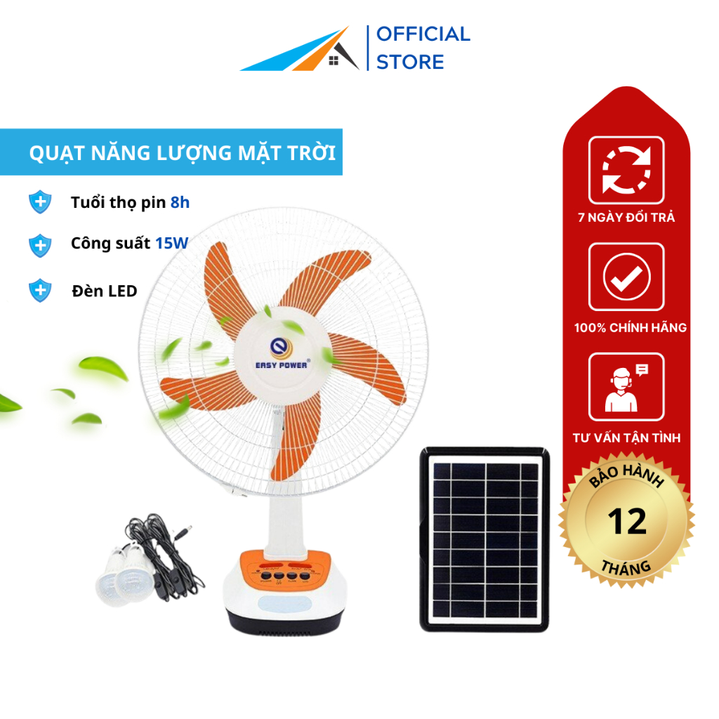 Quạt năng lượng mặt trời EASY POWER, quạt tích điện đa năng cổng sạc USB, tặng kèm 2 bóng đèn 6V - Bảo hành 12 tháng