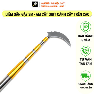Lưỡi liềm cắt giựt cành cây trên cao, lưỡi cắt cỏ, cắt lúa mối hàn ốc xoáy 8 ly vặn chặt cùng sào gậy inox dài 3m - 6m
