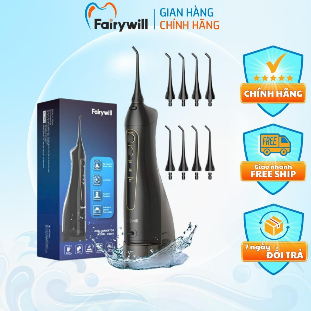 Máy tăm nước cầm tay Fairywill FW5020E chính hãng làm sạch răng, miệng, lợi hiệu quả, tặng kèm 7 đầu tăm bảo hành 5 năm