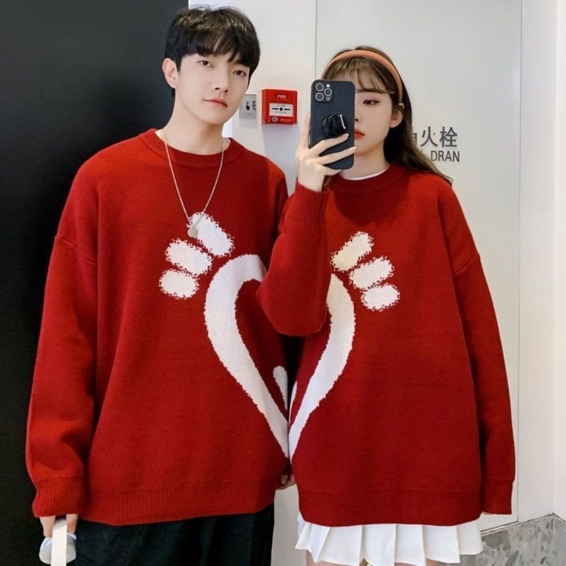 Áo len đôi nam nữ màu đỏ hình nửa trái tim mặc Noel Tết chụp hình couple chất len dày đẹp cao cấp C064
