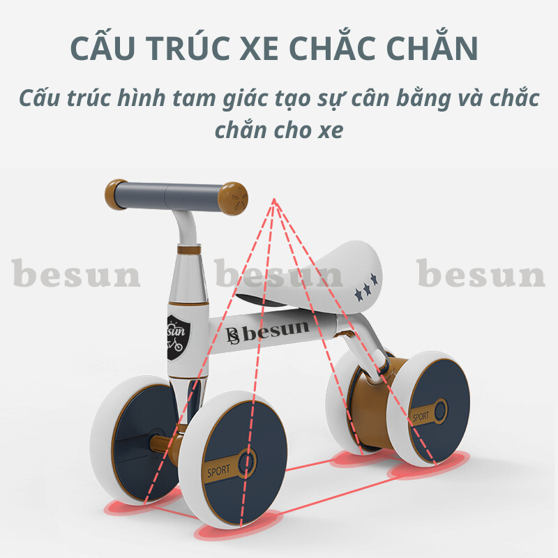 Xe tập đi cho bé BESUN xe chòi chân cho trẻ 2 3 4 tuổi khung INOX chắc chắn, bản nâng cấp chỉnh được yên và tay lái