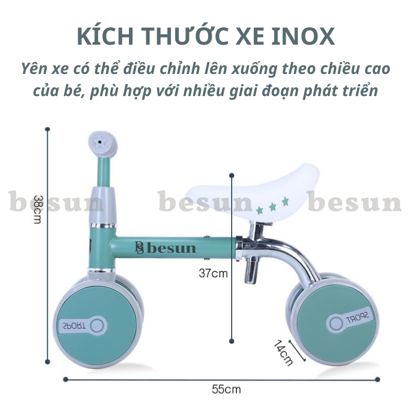 Xe tập đi cho bé BESUN xe chòi chân cho trẻ 2 3 4 tuổi khung INOX chắc chắn, bản nâng cấp chỉnh được yên và tay lái