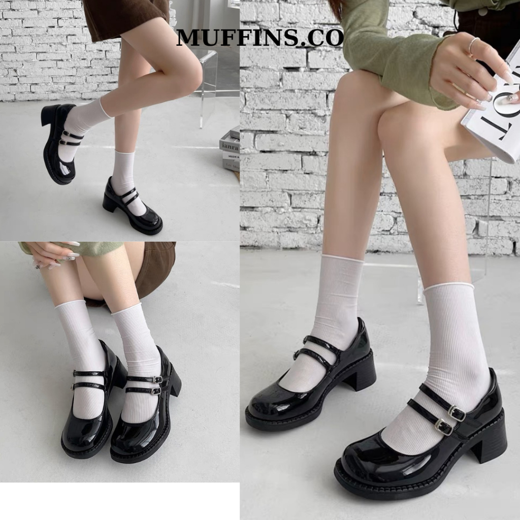 Giày nữ Mary Jane màu đen da bóng quai ngang 2 dây đế cao phong cách tiểu thư LOLITA