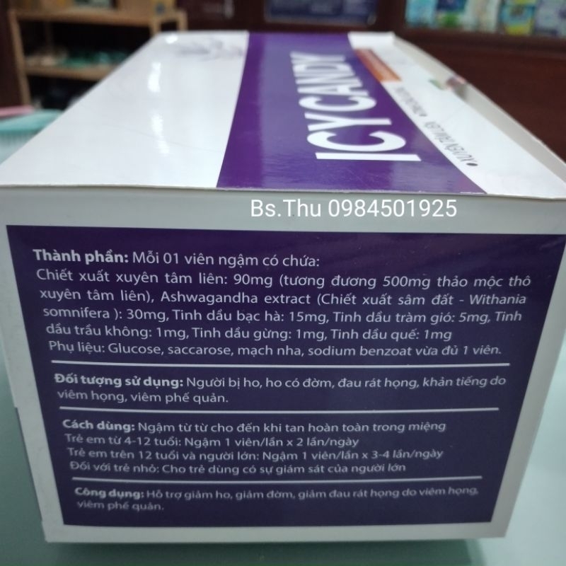 Nguyên hộp 20 vỉ × 5 Viên Ngậm ICY CANDY hỗ trợ giảm ho, đờm, rát họng từ xuyên tâm liên, tinh dầu gừng, Ashwagandha
