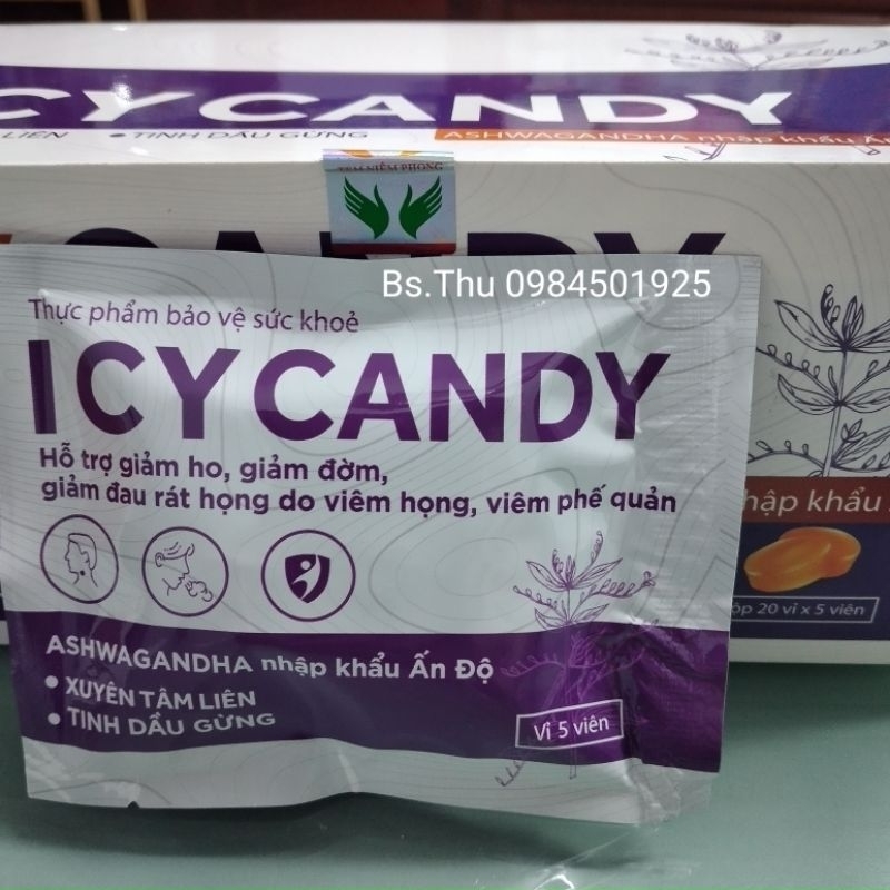 Nguyên hộp 20 vỉ × 5 Viên Ngậm ICY CANDY hỗ trợ giảm ho, đờm, rát họng từ xuyên tâm liên, tinh dầu gừng, Ashwagandha