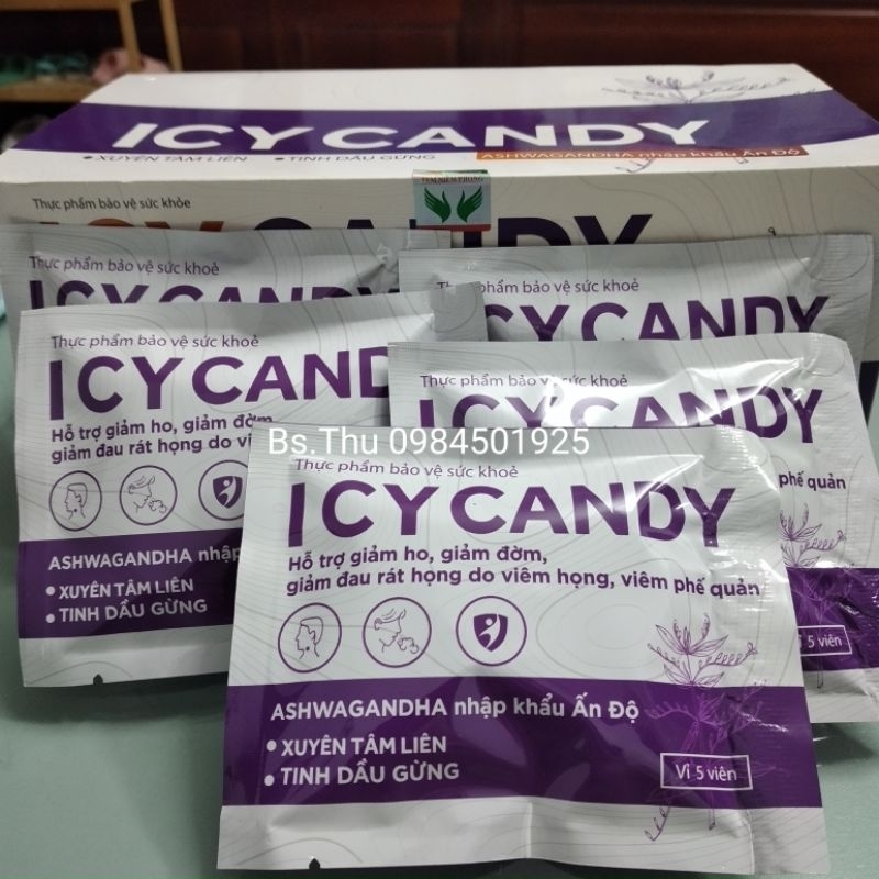 Nguyên hộp 20 vỉ × 5 Viên Ngậm ICY CANDY hỗ trợ giảm ho, đờm, rát họng từ xuyên tâm liên, tinh dầu gừng, Ashwagandha