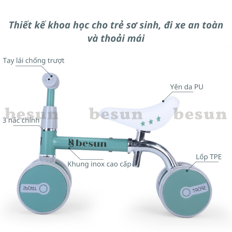 Xe tập đi cho bé BESUN xe chòi chân cho trẻ 2 3 4 tuổi khung INOX chắc chắn, bản nâng cấp chỉnh được yên và tay lái