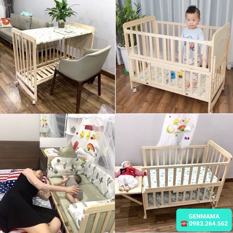 Nôi Cũi Cho Bé Trọn Bộ . Cũi Trẻ Em 2 Tầng Gỗ Thông  Kích Thước 105cm x 60cm x 90cm