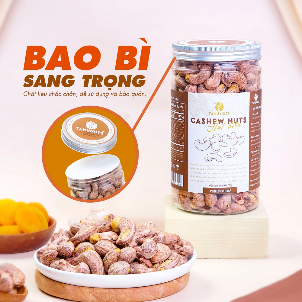 Hạt điều rang muối nguyên hạt TANU NUTS điều vỏ lụa Bình Phước A180 giàu dinh dưỡng 500g