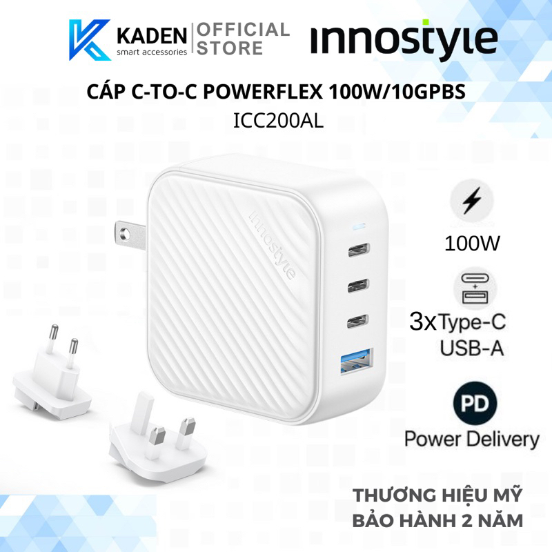 Sạc Đa Cổng Innostyle Gan Supercube 3C1A 100W (Gồm Phích Cắm Chuyển Đổi Uk / Eu / Au) IC100GWHT-Hàng Chính Hãng