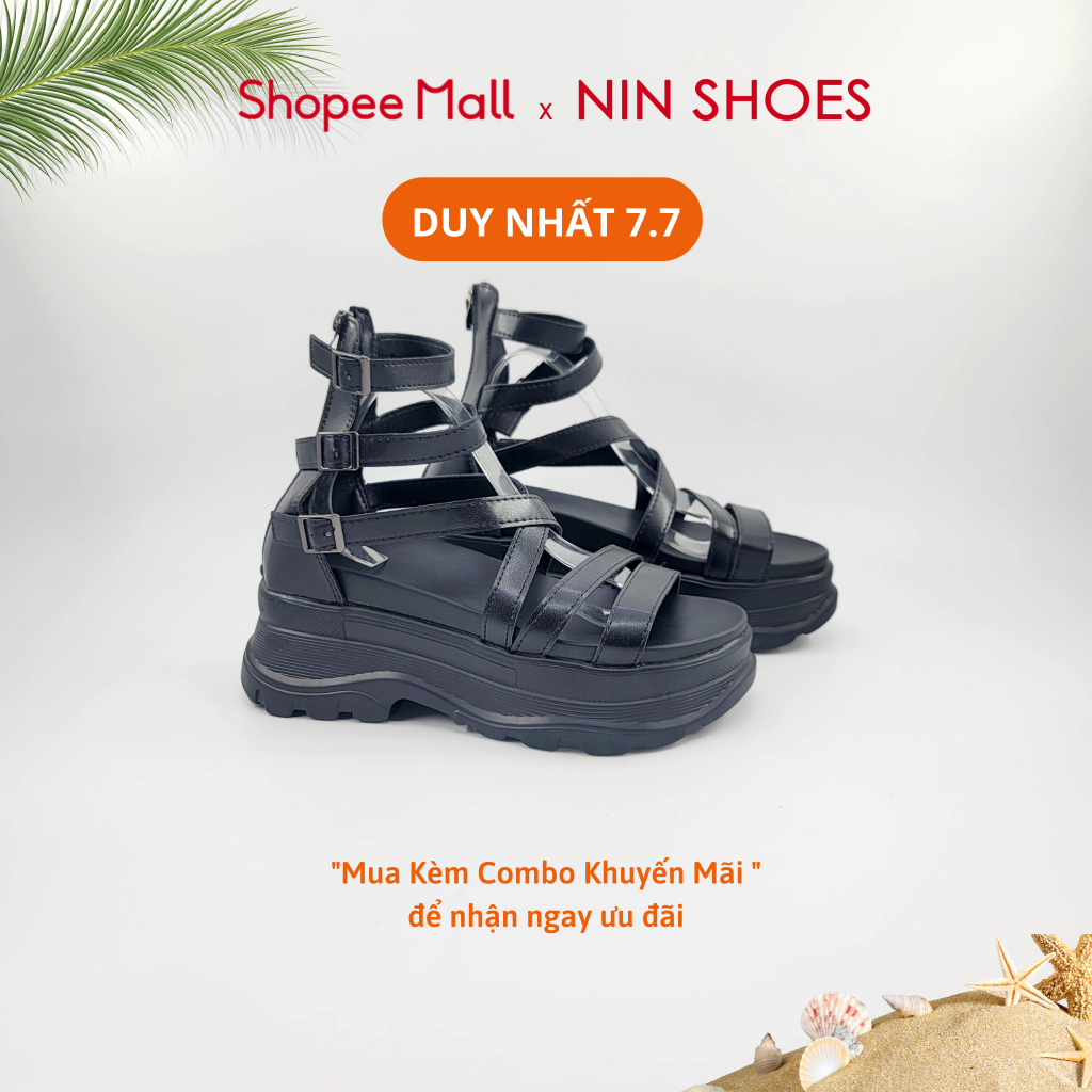 Dép nữ Ninshoes chiến binh 6 phân đế răng cưa mũi tròn to quai ngang chéo đan cổ chân 3 khuy hông kéo khóa sau