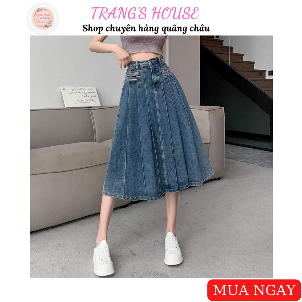 CÓ CLIP Chân váy jean xòe xếp ly lưng cao phối khóa kéo NĂNG ĐỘNG - Shop Trang Quãng Châu