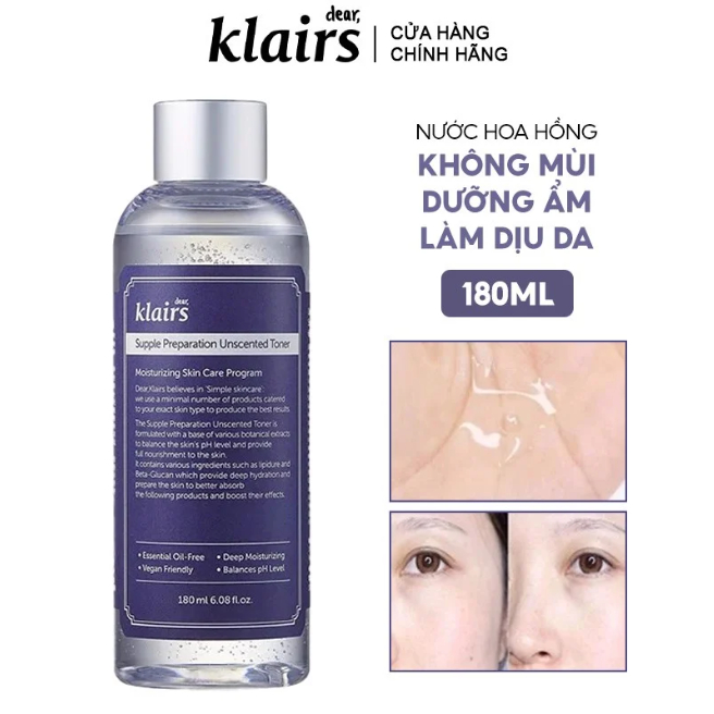 Nước Hoa Hồng Không Mùi Dưỡng Ẩm Da Và Làm Mềm Da Dear Klairs Supple Preparation Unscented Toner 180ml