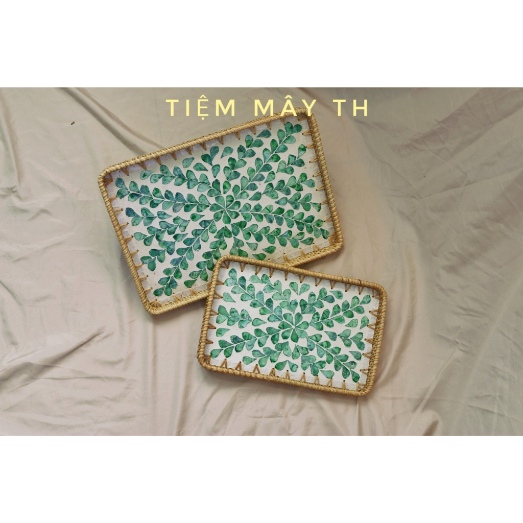 Khay khảm trai chữ nhật viền mây tre đan mã A02 TIỆM MÂY TH