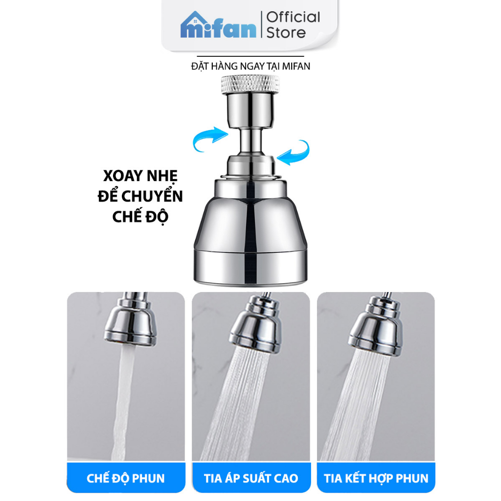 Đầu nối vòi rửa bát tăng áp đồng thau inox 304 cao cấp Mifan - Xoay 360 độ, 3 chế độ nước cực mạnh, sục khí chống bắn to