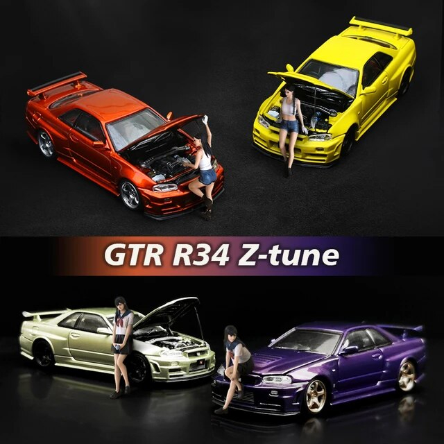 Time Micro 1:64 Skylline GTR R34 Z Tune Hood Open Diecast kèm mô hình nhân vật
