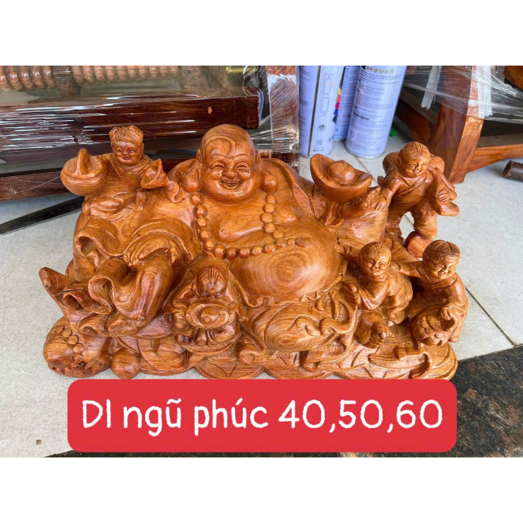 Tượng Di Lặc Ngũ Phúc gỗ hương nguyên khối ngang 40-50 cm