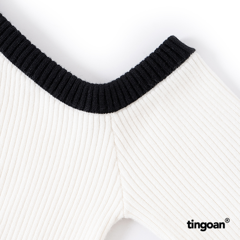 TINGOAN® - Áo len lệch vai trắng viền đen ôm LEI LEI TOP/WH