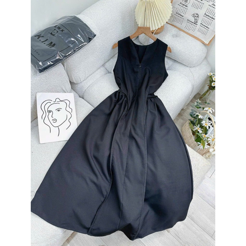 Đầm midi maxi tùng xòe dây kéo trước có dây điều chỉnh xinh