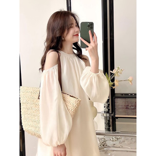 Đầm voan trắng kem khoét vai tiểu thư cute giá rẻ