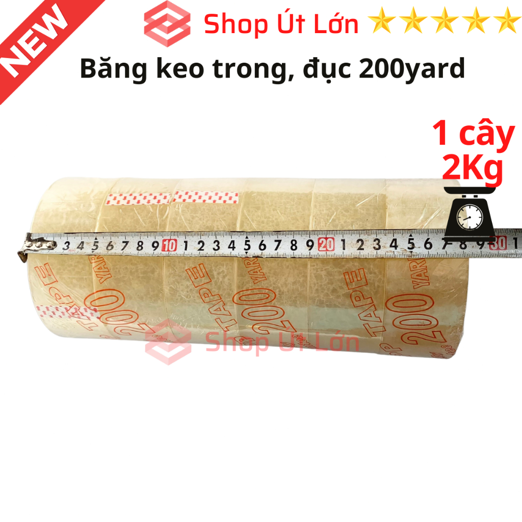 Băng keo trong, đục 200yard, nặng 2kg, rộng 4.7cm, lõi giấy 5mm. Mua từ 4 cây được kèm dao cắt băng keo.