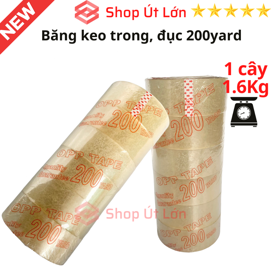 Băng keo trong, đục 200yard, nặng 2kg, rộng 4.7cm, lõi giấy 5mm. Mua từ 4 cây được kèm dao cắt băng keo.