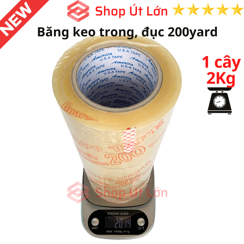 Băng keo trong, đục 200yard, nặng 2kg, rộng 4.7cm, lõi giấy 5mm. Mua từ 4 cây được kèm dao cắt băng keo.