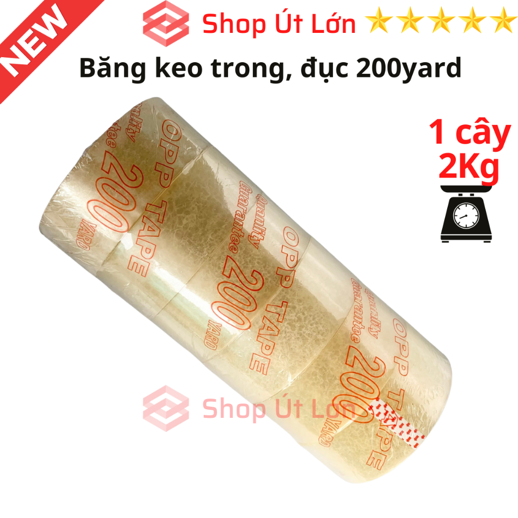 Băng keo trong, đục 200yard, nặng 2kg, rộng 4.7cm, lõi giấy 5mm. Mua từ 4 cây được kèm dao cắt băng keo.