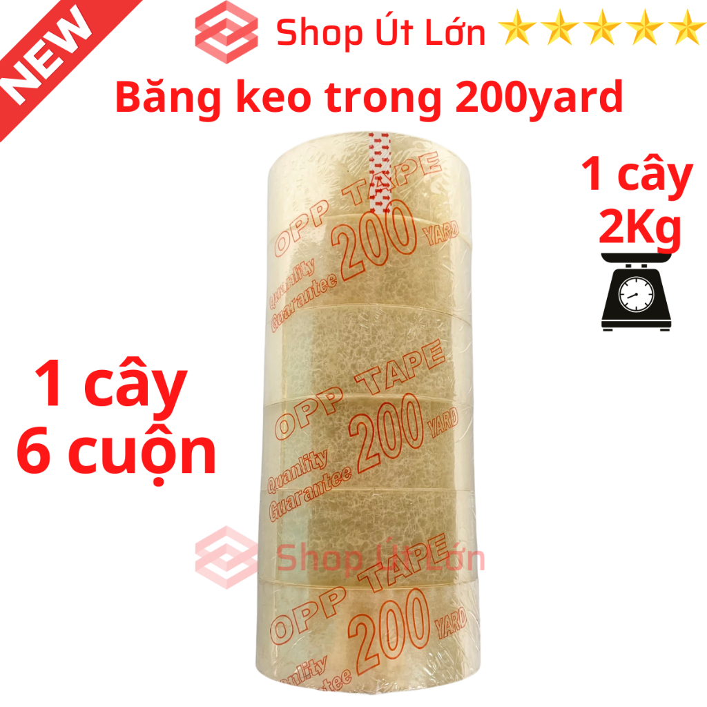 Băng keo trong, đục 200yard, nặng 2kg, rộng 4.7cm, lõi giấy 5mm. Mua từ 4 cây được kèm dao cắt băng keo.