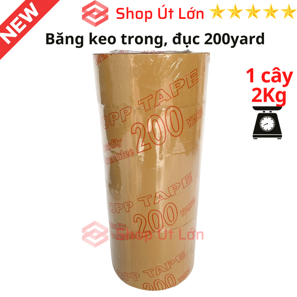 Băng keo trong, đục 200yard, nặng 2kg, rộng 4.7cm, lõi giấy 5mm. Mua từ 4 cây được kèm dao cắt băng keo.
