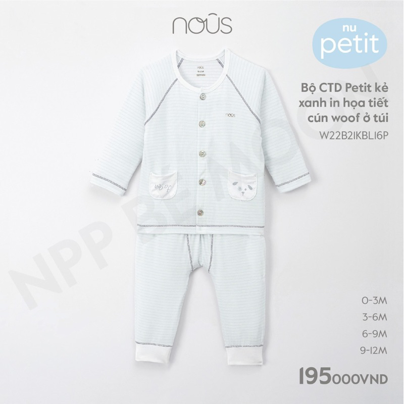 Bộ dài tay cúc giữa Nous sz từ 3-6m tới 9-12m