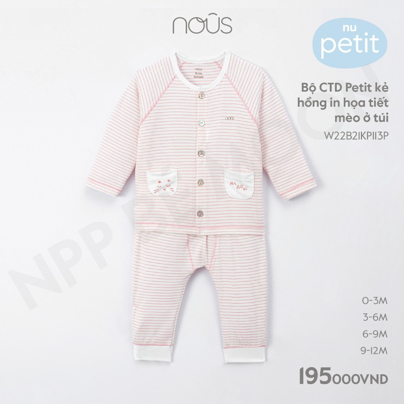 Bộ dài tay cúc giữa Nous sz từ 3-6m tới 9-12m