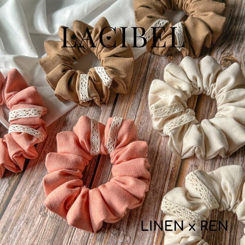 Cột tóc LACIBEL scrunchies vải linen phối dây ren thêu vintage