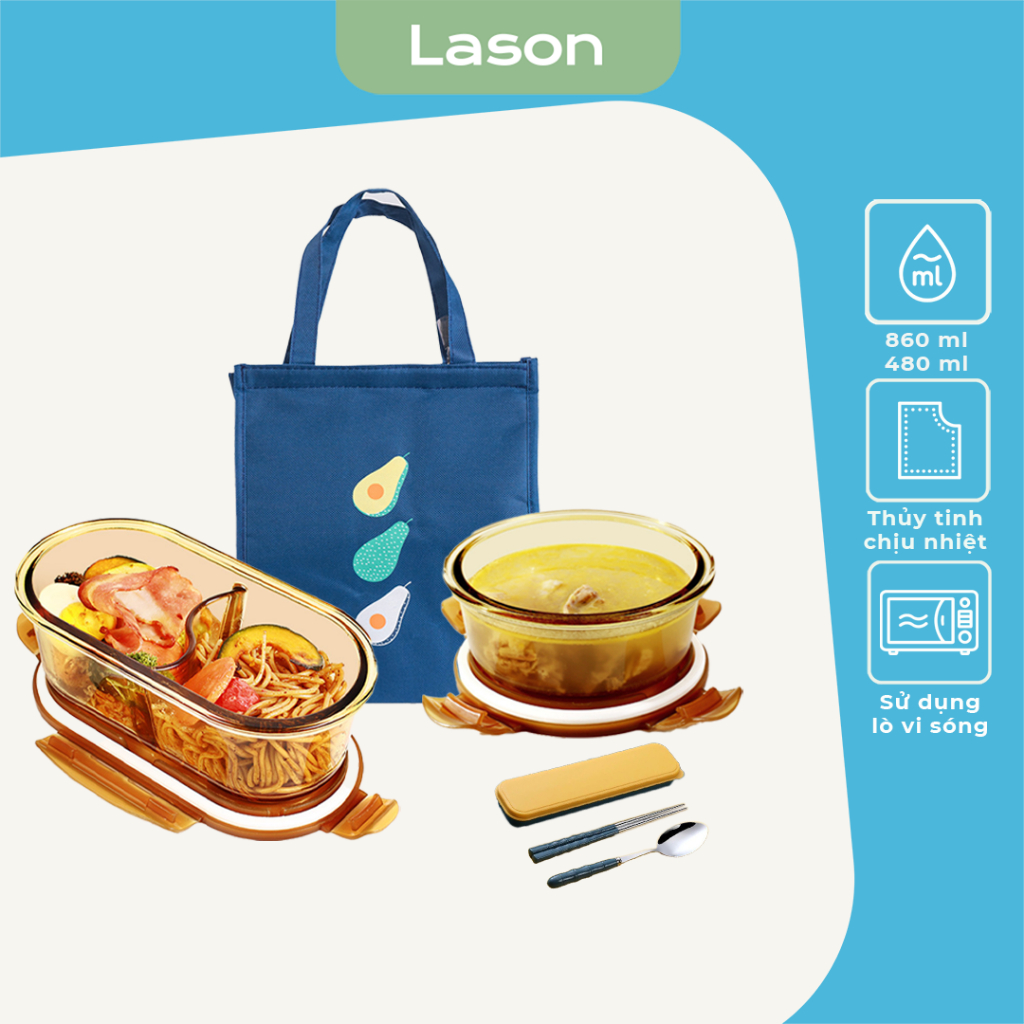 Hộp cơm thủy tinh Lason Hổ Phách, hộp chia 2 ngăn đựng thức ăn, sử dụng trong lò vi sóng
